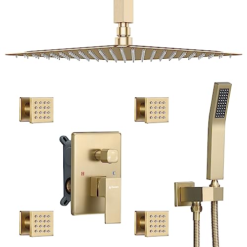 Brushed Gold Shower System with 4 PCS Shower Body Spray Jets & 12’’ Ceiling Shower Head & Handheld Spray, DASAN Full Body Shower Faucet System with Jets Rainfall Shower Combo Set, SA-SS03BBG-S12C - color: Brushed Gold