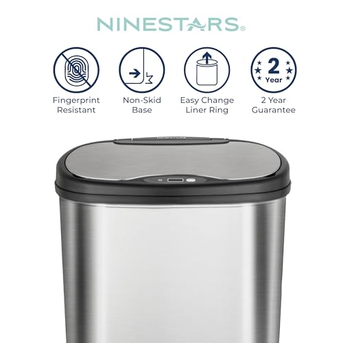 Ninestars 13 Gallon Oval Automatic Trash Can, 50L Touchless Motion Sensor Garbage Can with Odor-Sealing Lid & One-Touch Manual Mode, Silver Stainless Steel, Black Trim