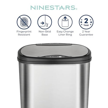 Ninestars 13 Gallon Oval Automatic Trash Can, 50L Touchless Motion Sensor Garbage Can with Odor-Sealing Lid & One-Touch Manual Mode, Silver Stainless Steel, Black Trim