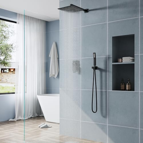 WELLFOR 12-In Wall Mounted Rain Shower Faucet with Single Handle and Handheld Spray, Waterfall Dual Head Shower Head System with 2-way Diverter, Pressure-balanced Valve Included, Matte Black - color: Matte Black, style: Wall Mount 12-Inch