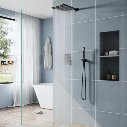 WELLFOR 12-In Wall Mounted Rain Shower Faucet with Single Handle and Handheld Spray, Waterfall Dual Head Shower Head System with 2-way Diverter, Pressure-balanced Valve Included, Matte Black - color: Matte Black, style: Wall Mount 12-Inch
