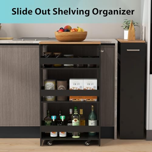 POWERSTONE 4-Tier Slim Storage Cart, Narrow Kitchen Rolling Cart w/Handle & Open Shelves, Skinny Slide Out Utility Organizer Trolley for Kitchen Bathroom Laundry Small Spaces Black & Natural - color: Black