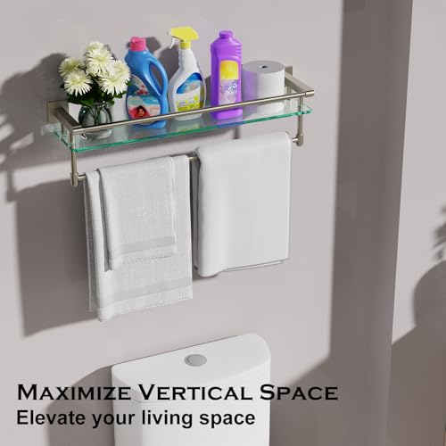 24-Inch Modern Wall-Mounted Bathroom Glass Shelf with 1 Shelf, Brushed Nickel, 1 Towel Bar, 45 lbs Weight Capacity - color: Brushed Nickel, size: 24-inch with Railing