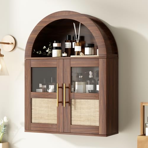 RUSTOWN Arched Bathroom Wall Cabinet with 2 Glass & Rattan Doors | Rattan Medicine Cabinet, Farmhouse Over the Toilet Storage Cabinet, Adjustable Shelves, 3-Tier Wall Mounted Cabinets - color: Walnut