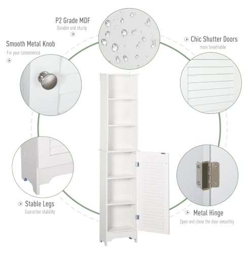 Bathroom Storage Cabinet, Tall Linen Tower with Adjustable Shelves - White