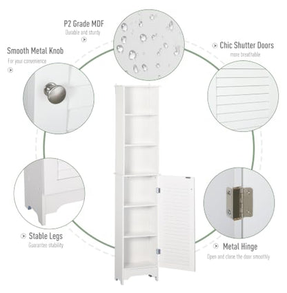 Bathroom Storage Cabinet, Tall Linen Tower with Adjustable Shelves - White
