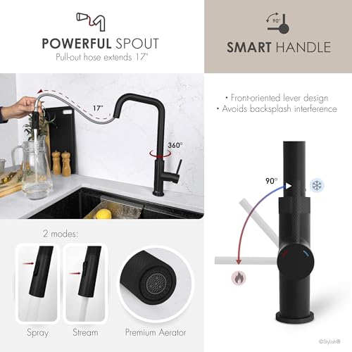 Stylish Touchless Kitchen Faucet with Pull Down Sprayer Single Lever Handle Dual Function Stainless Steel Kitchen Sink Faucet with Ceramic Cartridge and Aerator Matte Black Finish, K-150NM - color: Matte Black