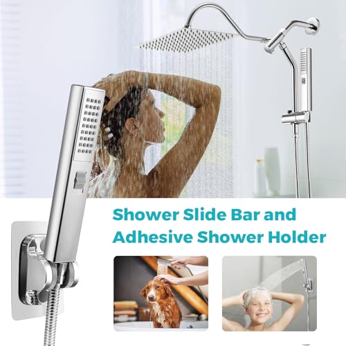 Rain Shower Head, 12 * 8 Inch Rectangular Shower Head with Handheld Spray, Rainfall Dual Showerhead Set with Adjustable Slide Bar, 77" Hose, Curved Extension Arm, Chrome, 1.8 GPM, DOE & CEC Certified