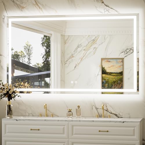 Keonjinn 60 x 36 Inch Beveled Lighted Bathroom Mirror, Frontlit & Backlit | HD Tempered Glass, LED Bathroom Mirror with Lights, 3000K/4500K/6000K, Fast Defogging, Dimmable, Memory Function, CRI90+ - size: 36"L x 60"W