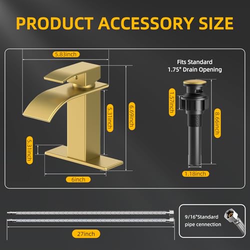 Waterfall Bathroom Faucet, Brushed Gold Stainless Steel, 1-Handle | Modern Bathroom Sink Faucet for RV & Outdoor Basins, Pop-Up Drain, Supply Lines, 6-in Deck Plate, 1- or 3-Hole, NSF Certified - color: Brushed Gold