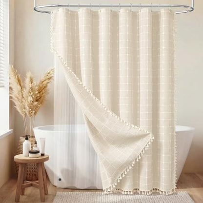 3-in-1 72x90 Farmhouse Linen Shower Curtain with Liner, Cream/Beige | Long Size, 330GSM Linen Blend, Waterproof Clear PEVA Liner, Heavy Duty Cloth, 12 Hooks, Rustic Bohemian, Machine Washable - color: Cream With Liner, size: 72"W x 90"L (Pack of 1)