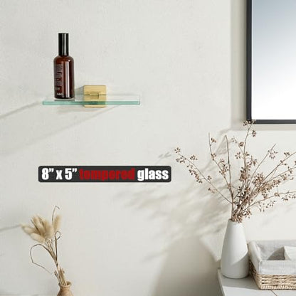 JQK Bathroom Glass Shelf Gold, Tempered Glass Shower Storage 8 by 5 inches, 304 Stainless Steel Brushed Gold Wall Mount, TGS201L8-BG - color: Brushed Gold, size: 8 Inch