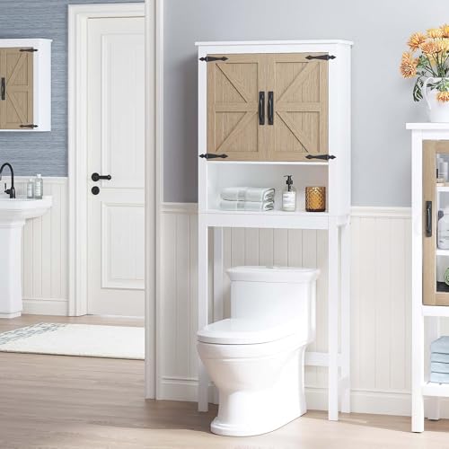 Spirich Over the Toilet Storage Cabinet with Wood-Grain Barn Doors, White | Adjustable Shelves, 33-Inch Toilet Clearance, Adjustable Bottom Rail, Anti-Tip Device, Farmhouse Style, FSC-Certified Wood
