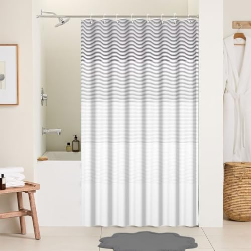 Boho White Gray Striped Stall RV Shower Curtain 48" Wx72 L | Black Bohemian Geometric, Polyester Waterproof, Machine Washable, Bathroom Small Curtain, Easy to Install with 8 Hooks - color: Grey, size: 48"W x 72"L (Pack of 1)