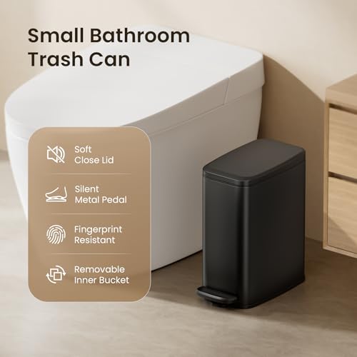 Cesun Slim Bathroom Trash Can with Lid, Soft Close, Black, 6L/1.6 Gallon | Hidden Trash Bag Design, Small, Stainless Steel, Removable Inner Bucket, Foot Pedal, Odor Control, for RV/Office/Bedroom - color: Black