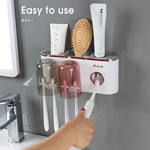 iHave Toothbrush Holders for Bathrooms Wall Mounted with Dispenser & 2 Cups | 6 Slots Wall Mount Toothbrush Holders for Bathrooms with Squeeze Toothpaste Dispenser, 2 Cups & 2 Compartments Organizer - color: White 2 Cups