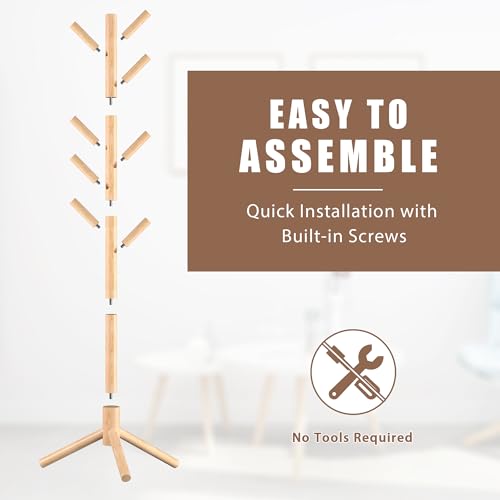 Haddockway 3 Adjustable Freestanding Wooden Coat Rack Stand 8 Hooks,Hallway - color: Natural, size: 1 PC