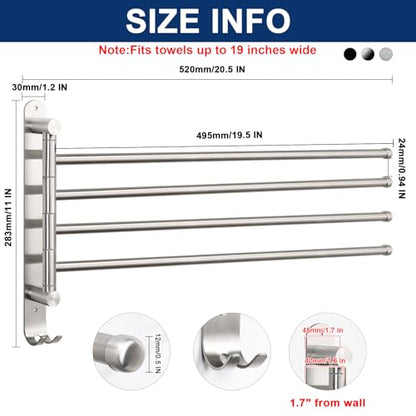 NearMoon Swivel Towel Rack, 19.5" Thicken 304 Stainless Steel 4-Arm Towel Bar, Space Saving Wall Mounted Towel Holder with Hook, Rustproof Swing Out Towel Hanger for Bathroom, Kitchen (Brushed Nickel) - color: Brushed Nickel, size: 19.5 Inch