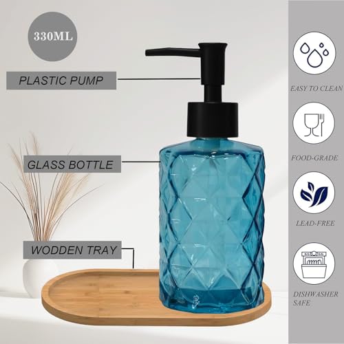 12oz Blue Glass Hand and Dish Soap Dispenser Set, Diamond Design, Set of 2 | Bathroom Soap Dispenser with Plastic Pumps, Bamboo Tray for Hand Wash & Dish Wash, for Bathroom Kitchen Countertop - color: Blue