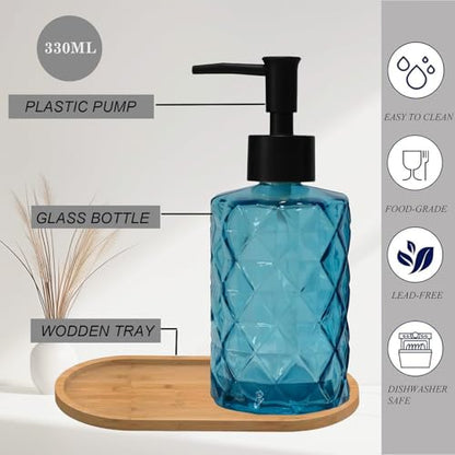 12oz Blue Glass Hand and Dish Soap Dispenser Set, Diamond Design, Set of 2 | Bathroom Soap Dispenser with Plastic Pumps, Bamboo Tray for Hand Wash & Dish Wash, for Bathroom Kitchen Countertop - color: Blue
