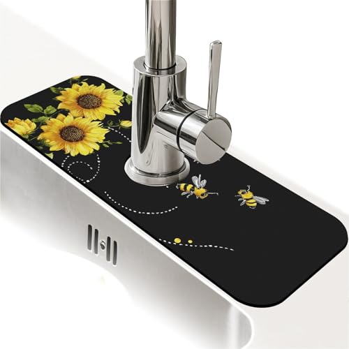 Kitchen Sink Splash Guard，sunflowers-and bees- Faucet Mat Sink Gadgets-Super Absorbent Fast Drying Mat Drip Catcher for Kitchen, Bathroom,Sink Mat, Dish Drying Mat, Bathroom(15" X 5.5" ) - color: sunflowers-and bees-