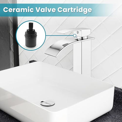 gotonovo Waterfall Tall Bathroom Faucet 1 Hole No Drain, Polish Chrome | Modern Vessel Sink Faucet Single Handle 304 Stainless Steel,24” cUPC Supply Hoses,for Bowl Basin Lavatory Vanity Restroom RV - color: Chrome