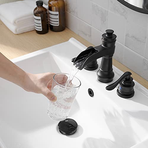 Bathroom Sink Faucet Waterfall 3 Hole or 8 Inch Widespread Tap | Matte Balck,Brass,Double Handle,Easy to Clean,Simple Installation,Pop-up Drain,Supply Line,Control of Hot and Cold Water - color: Matte Black