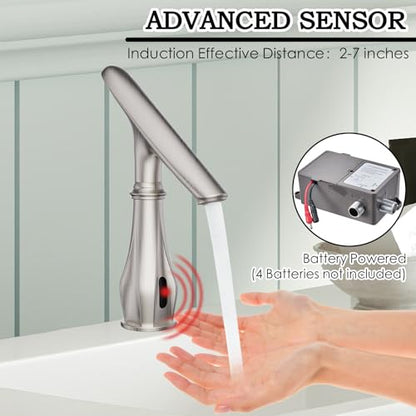 Touchless Bathroom Sink Faucets, Brushed Nickel Bathroom Faucet Single Hole, Automatic Motion Sensor Battery Operated with Cover Plate and Mixing Valve for Commercial and Home - color: Brushed Nickel