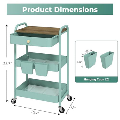 3 Tier Rolling Cart, All-in-One Art Cart Organizer on Wheels for Kitchen, Bathroom, Office, Laundry - color: Green