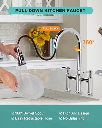 Bridge Faucet with Pull Down Sprayer: Brass Bridge Kitchen Faucet for 1 or 3 Hole - Chrome Two Handles 8 Inch Centerset Kitchen Sink Faucet for Farmhouse RV Laundry - color: Chrome