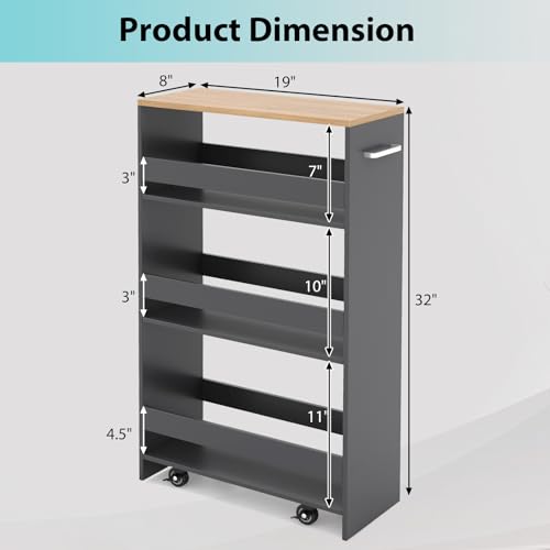 POWERSTONE 4-Tier Slim Storage Cart, Narrow Kitchen Rolling Cart w/Handle & Open Shelves, Skinny Slide Out Utility Organizer Trolley for Kitchen Bathroom Laundry Small Spaces Grey & Natural - color: Grey