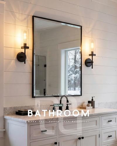 Set of 2 Matte Black Bathroom Wall Sconces with Square Clear Glass | Modern bathroom vanity light fixtures, upward-only mount, E26 base, hardwired, bulbs not included, 2-pack, VL262-MB-2PK - color: Black-Square Clear Glass, 2-Pack