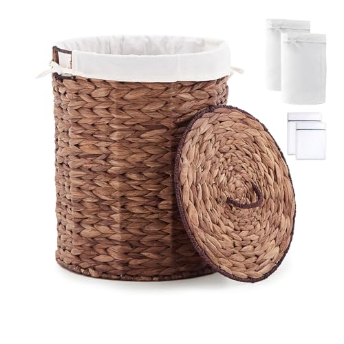 Round Water Hyacinth Laundry Hamper with Lid Handwoven Wicker Basket with Handles for Dirty Clothes, Storage, and Organization, No Assembly Required, 40L - color: Espresso, size: 40L