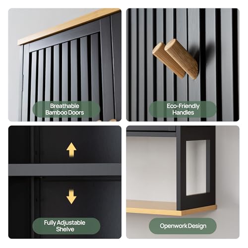 Bathroom Wall Cabinet with Bamboo Doors, 24 x 30 Inch, Black | Above-toilet medicine cabinet with an adjustable shelf, open bottom shelf, and French cleat mount. - color: Black-1, size: 24x30
