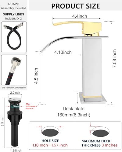 Midanya Waterfall Bathroom Faucet 1 Hole,Polish Gold Handle/Polish Chrome | with 24” Hoses,Pop Up Drain,6” Deck Plate,for 1 or 3 Hole Vanity,Lavatory,RV,Single Handle Bathroom Sink Faucet,NSF Certified - color: Bright Gold Handle/Chrome