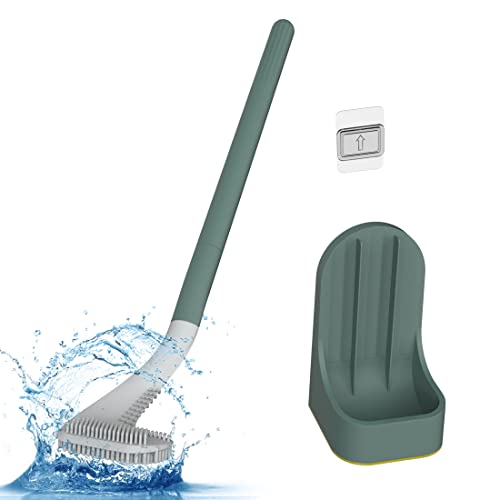 Toilet Brush, Long Handle Golf Toilet Brush with Holder 360° Deep Cleaning Flexible Silicone Toilet Cleaner Brush Wall Mounted for Bathroom (Green) - color: Green