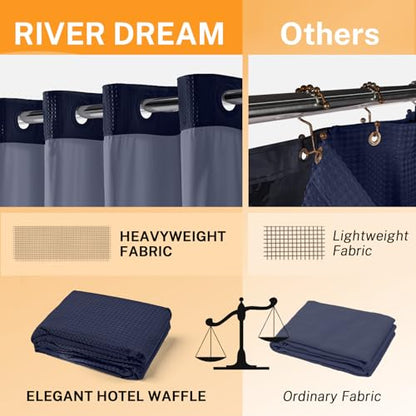River Dream No Hooks Shower Curtain with 2 Snap in Liner, Navy, 71Wx74H | Waffle Weave, 1 Attached Snap in Liner and 1 Extra Replacement Liner, Bathroom Curtains Shower Set, Hotel Grade, Spa Like - color: Navy Blue