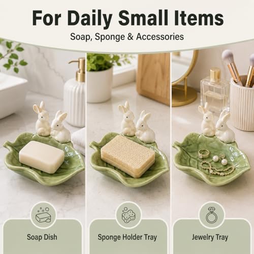 Rabbit Ceramic Soap Dish, Green Bunny Countertop Tray | Glazed ceramic; for soap, sponge, jewelry, keys; countertop only, no drainage hole or non-slip pad.