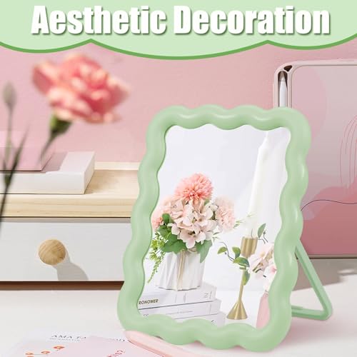 Desk Mirror, Wave-Shaped Adjustable Desk Vanity Makeup Mirror Office Cubicle with Eyebrows Tweezer, 6.7*5.3In Cute Travel Portable Folding Make Up Mirrors for Standing Hanging Home Decoration(Green)