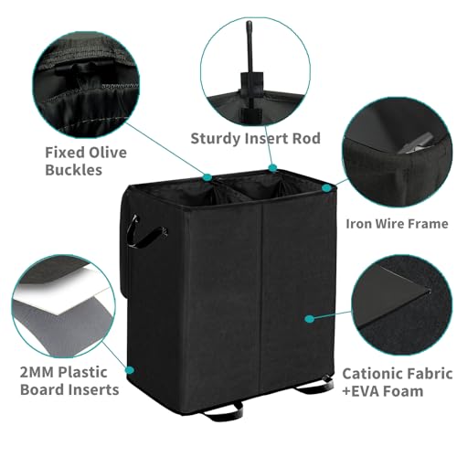 Double Laundry Hamper with Lid and Removable Bags, Laundry Basket 2 Section, Double Hampers for Laundry, Large Divided Hamper, Dual Laundry Hamper 2 Section with Handles Dorm 140L Black