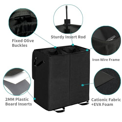 Double Laundry Hamper with Lid and Removable Bags, Laundry Basket 2 Section, Double Hampers for Laundry, Large Divided Hamper, Dual Laundry Hamper 2 Section with Handles Dorm 140L Black