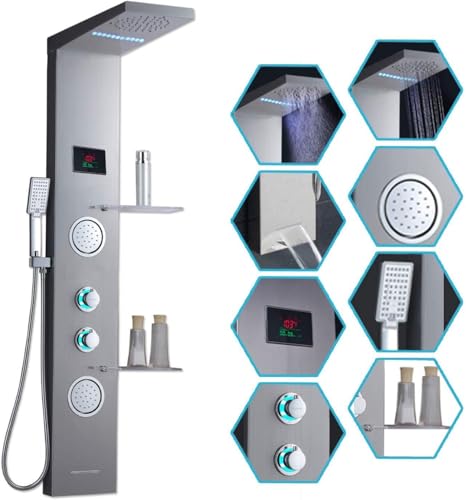 ELLO&ALLO Shower Panel System Tower with Shelf, LED Rainfall and Mist Shower Head Rain Massage Stainless Steel Shower Fixtures with Body Jets, Brushed Nickel