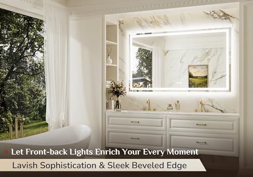 Keonjinn 60 x 36 Inch Beveled Lighted Bathroom Mirror, Frontlit & Backlit | HD Tempered Glass, LED Bathroom Mirror with Lights, 3000K/4500K/6000K, Fast Defogging, Dimmable, Memory Function, CRI90+ - size: 36"L x 60"W