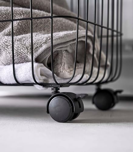 Yamazaki Home Tower Small Rolling Laundry Basket Metal Hamper Cart With Wheels And Handle, 14.8" - Steel - 9.8 Gallons, 35 Liters | Small metal laundry hamper cart features smooth-rolling wheels and a convenient built-in handle. Suits modern home storage.