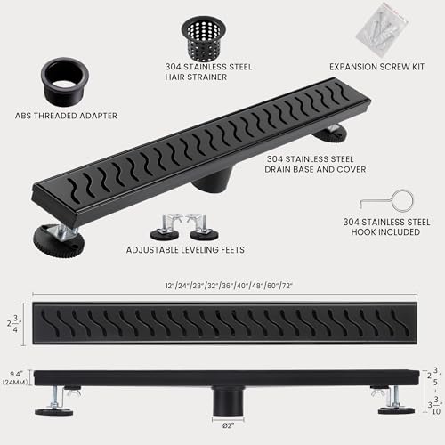 Linear Shower Drain, 24 inch Matte Black | Including Hair Catcher and Removable Grate, 304 Stainless Steel, Easy to Install and Clean (Drain Base Not Included) - color: Matte Black, size: 24 inch