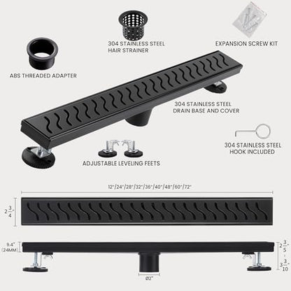 Linear Shower Drain, 24 inch Matte Black | Including Hair Catcher and Removable Grate, 304 Stainless Steel, Easy to Install and Clean (Drain Base Not Included) - color: Matte Black, size: 24 inch