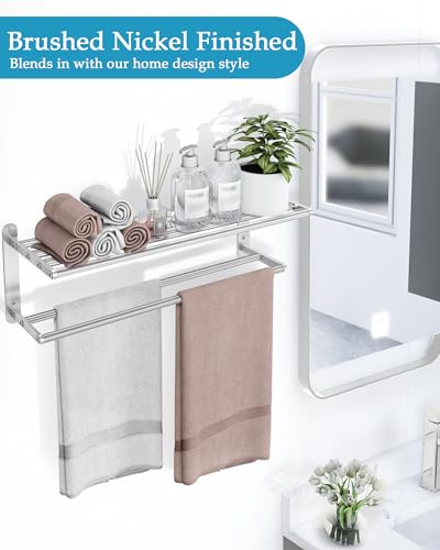 VOTZAAQ Towel Racks for Bathroom - 24 in Bath Towel Shelf with Double Towel Bar, Stainless Steel Towel Storage for Lavatory Wall Mounted, 2-Tier Towel Hanger Towel Holder, Brushed Nickel - size: 24in