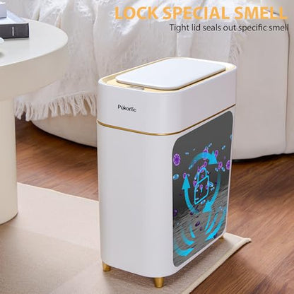 Pukomc Automatic Small Sensor Trash Can with Touchless Lid | 2.3 Gallon / 9L Smart Garbage Can, Quiet Close White Gold Waste Bin - Perfect for Kitchen, Living Room & Small Spaces - color: White