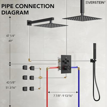 12" High-Pressure Rainfall Shower Faucet with Valve for Bathroom, Dual Rainfall Shower Head System with 6 Body Jets (Matte Black) | High-Pressure, Dual 12" Rainfall Shower Head System, 6 Body Jets, Rough in-Valve - color: Matte Black