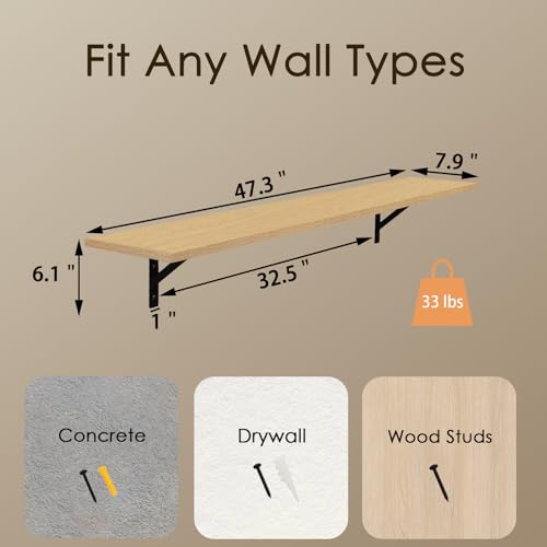 Long Wall Shelves, 47.3Inch Wooden Floating Shelves with Brackets | Large Floating Book Shelf, Set of 2, Wall Mount Storage Ledges, Easy Assembly, Max Load 33lbs, Living Room/Bathroom, Natural - color: Natural, size: 47.3 Inch